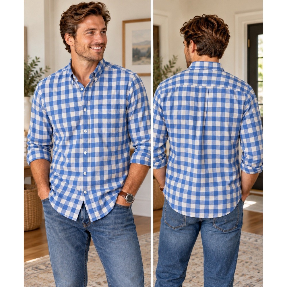 J.Crew Men's Medium Blue White Gingham Check Button Down Shirt 100% Cotton